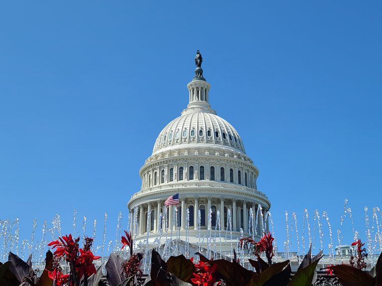 A fountain flows in front of the United States Capitol Building