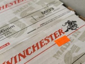 A 200-round box of 5.56 caliber ammunition on sale at a gun store in Virginia for $150 in January 2022