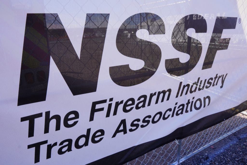 A sign for the National Shooting Sports Foundation at SHOT Show 2022