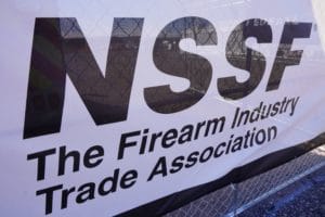 A sign for the National Shooting Sports Foundation at SHOT Show 2022