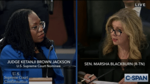 Ketanji Brown Jackson answers questions from Senator Marsha Blackburn (R., Tenn.) during her Supreme Court confirmation hearing