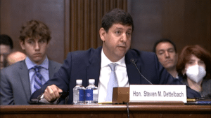 ATF Director Nominee Steve Dettelbach testifies before the Senate Judiciary Committee on May 25 2022