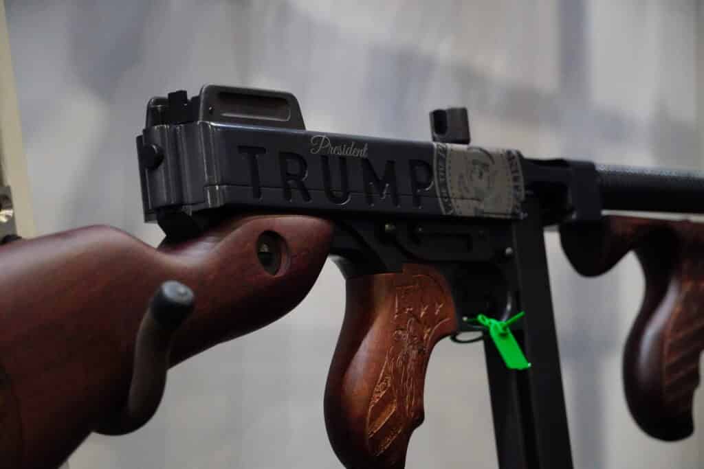 A Trump-emblazoned gun on display at SHOT Show 2024