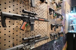 AR-15s on display at SHOT Show 2024 in Las Vegas, Nevada