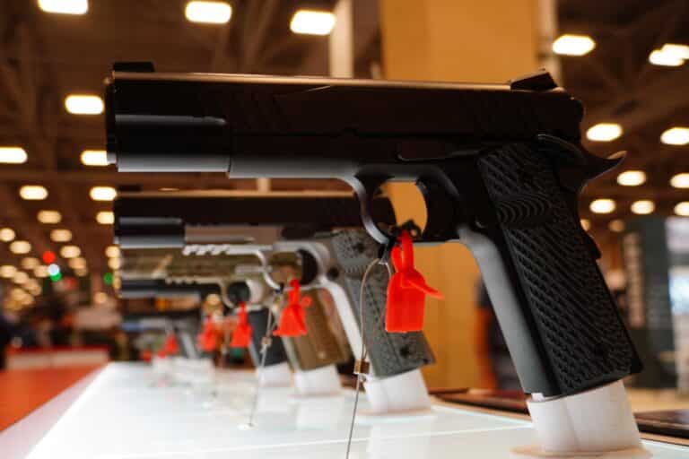 Handguns on display at the 2024 NRA Annual Meeting