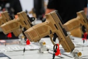 Pistols on display at the 2024 NRA Annual Meeting