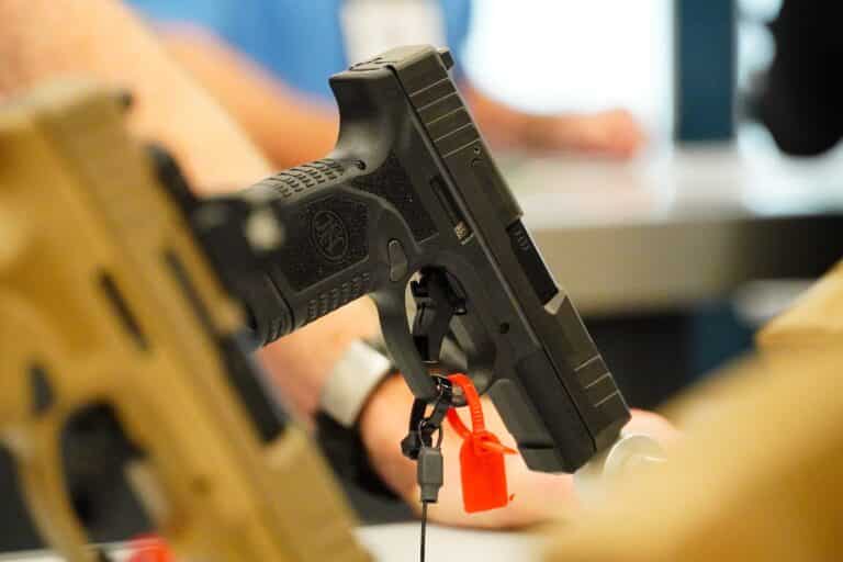 A handgun on display at the 2024 NRA Annual Meeting in Dallas, Texas