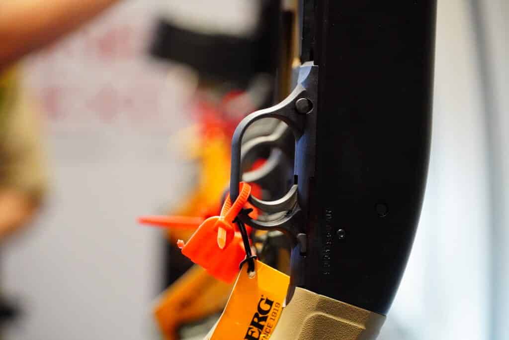 A rack of shotguns on display at the 2024 NRA Annual Meeting