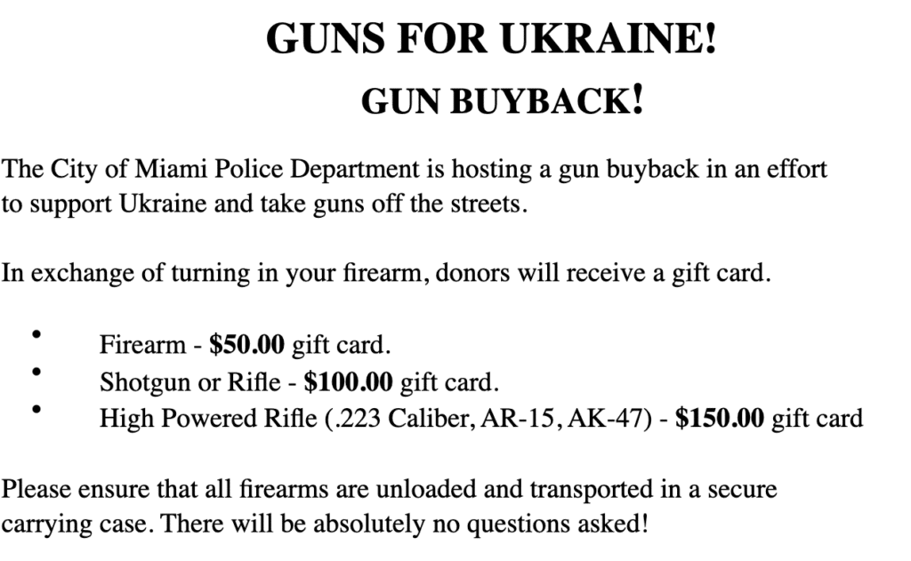A press release showing what Miami residents could receive if they handed in weapons destined for Ukraine