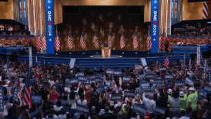 Kamala Harris speaks to a crowd of supporters during the 2024 DNC