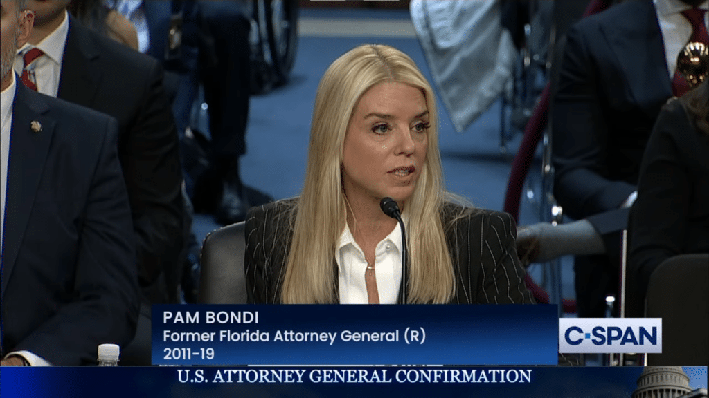 Pam Bondi testifies at her Attorney General confirmation hearing on January 15th, 2025