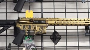 An AR-15 decorated with an image of Donald Trump on sale at a Virginia gun shop in March 2025