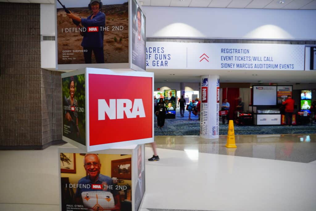 A sign at the 2025 NRA Annual Meeting