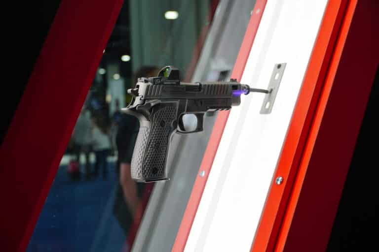 A semi-automatic handgun on display at the 2025 NRA Annual Meeting