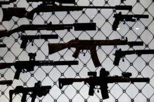 A collection of silenced firearms on display at the 2025 NRA Annual Meeting