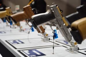 Pistols on display at the 2025 NRA Annual Meeting in Atlanta, Georgia