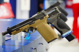 Handguns on display at the 2025 NRA Annual Meeting