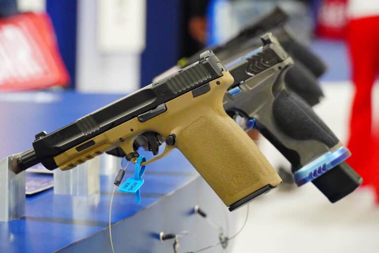 Handguns on display at the 2025 NRA Annual Meeting