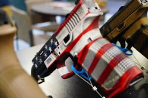 A handgun on display at the 2025 NRA Annual Meeting