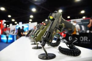 Pistols on display at the 2025 NRA Annual Meeting in Atlanta, Georgia