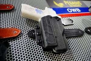 A gun holster on display at the 2025 NRA Annual Meeting