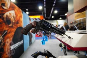 A revolver on display at the 2025 NRA Annual Meeting