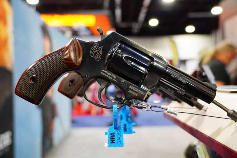 A revolver on display at a booth during the 2025 NRA Annual Meeting