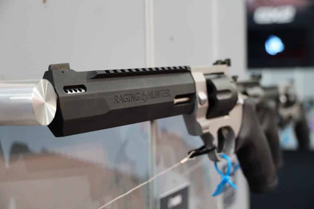 A revolver on display at the NRA's 2025 Annual Meeting