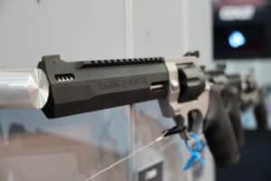 A revolver on display at the NRA's 2025 Annual Meeting