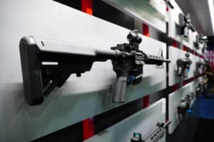 An AR-15 on display at the 2025 NRA Annual Meeting in Atlanta, Georgia